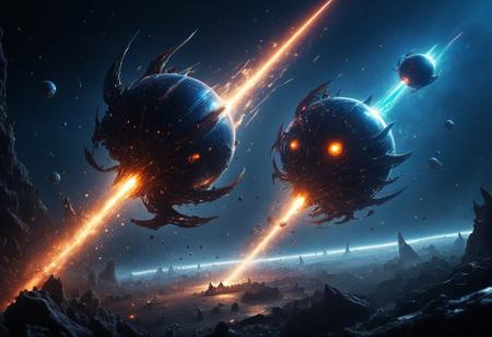 A highly detailed, ultra-realistic, In the vast, dark expanse of space, an epic battle unfolds against the backdrop of a massive alien planet. The planet itself is breathtaking—its oceans shimmer in a deep, sapphire-blue hue, reminiscent of liquid Gatorade, crystal clear and vibrant. The landmasses are covered in lush, alien vegetation, but unlike Earth's green forests, this world’s flora glows in warm tones of orange and brown, creating a stunning contrast against the brilliant blue waters. Wispy clouds swirl across the atmosphere, partially obscuring the surface in soft shadows. Dominating the foreground are colossal metallic spheres—monolithic, gleaming battle stations floating in formation. These giant metal orbs, smooth and reflective, exude a powerful presence, releasing thousands of smaller metal spheres into the battlefield like a relentless swarm. Each of these smaller orbs, agile and efficient, zips through space in perfect synchronization, creating an overwhelming force.
Opposing them are sleek, black, glider-like spacecraft, reminiscent of Batman’s signature aerial vehicles. These alien warships are sharp, ominous, and built for speed, cutting through space like dark shadows. Their surface absorbs light, making them appear almost like voids against the cosmic backdrop. These craft belong to an insectoid species, an eerie hybrid of humanoid and arthropod features. Among the wreckage, alien bodies drift lifelessly—their forms ant-like from the waist down, but with humanoid torsos and praying mantis-like heads. Their exoskeletons glisten with a biomechanical sheen, a blend of organic and machine. The battlefield is alive with chaos. Rainbow-colored laser beams burst in every direction, fired from the spherical war machines, illuminating space with a dazzling light show. Each blast arcs through the void, striking the black glider ships, causing fiery explosions that ripple outward. Some of the insectoid fighters return fire with deep red energy beams, carving through the metallic swarm with deadly precision.
The battle is an awe-inspiring spectacle of light, shadow, and destruction, with debris from shattered ships scattering in all directions. The bodies of fallen insectoid warriors float eerily through space, their lifeless forms caught in the silent, weightless abyss. Energy blasts refract off their armored exoskeletons as the carnage continues, an endless struggle for dominance in the cold, infinite darkness. realism, cinematic, best quality, realistic, shallow depth of field, high-resolution image, extremely detailed body, shallow depth of field,