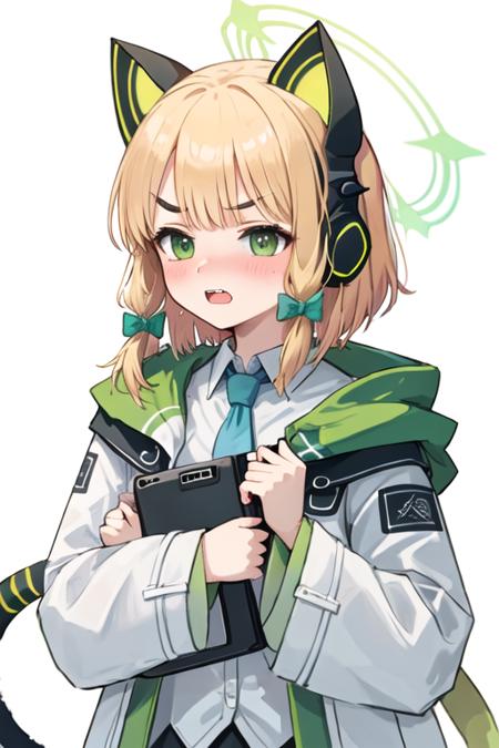 best quality, masterpiece, highres, solo, {midori_bluearchive:1.15}, headphones, animal_ears, blonde_hair, fake_animal_ears, animal_ear_headphones, green_eyes, cat_ear_headphones, bow, halo, bangs, blush, hair_bow, short_hair, 2girls, jacket, multiple_girls, siblings, sisters, white_background, +++, anger_vein, open_mouth, twins, hood, simple_background, white_jacket, red_bow, v-shaped_eyebrows