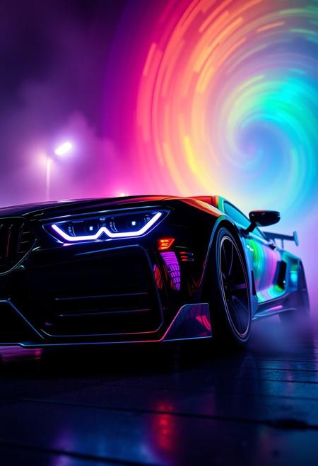 low angle shot, Energetic, rainbow swirl, Frightening, a luxurious car that reflects the high-tech aesthetic of the game, featuring a sleek design with a futuristic look, Kodak Ektar, Agfacolor, foggy atmosphere, highly decorated, complex, polished, epic atmosphere, modified