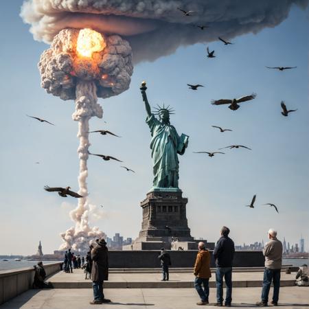 new york city, statue of libery, nuclear explosion in background, people watching in shock and awe, birds in the air, end of the world, visually stunning, award - winning, intricate detail, photograph, iconic photo,  f/22, shutter speed 1/250 sec, iso100, white balance shade, exposure compensation    "-1.0 ev", aperture priority shooting mode, leading lines, focus mode single, partial metering