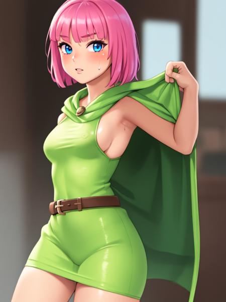 archercr, 1girl, solo, pink hair, short hair, blunt bangs, blue eyes, cape, dress, sleeveless, belt, armlet, quiver, barefoot, bow (weapon), holding