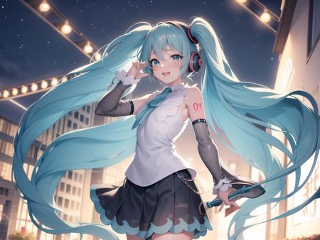 8k, masterpiece, best quality,1girl, (hatsune miku:0.8),blush, happy,  outdoors, night, <lora:Hatsune_miku_NT:1>