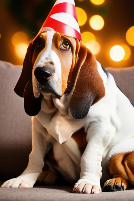 photorealistic, basset <lora:basset:1>, sitting on the sofa celebrating his birthday, with his birthday cone hat on, flashes, bokeh effect,