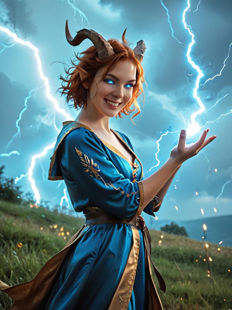 score_9, score_8_up, score_7_up, source_photo, (realistic:1.4), photorealistic, fantasy, medieval, 1girl, solo, wizard, ginger hair, short hair, straight hair, evil smile, blue and gold sigils, robe with sigils, runes, Ligmagmb, electricity, lightning, glowing, blue theme, blue eyes, glowing eyes, lightning, in a meadow, godrays, <lora:GodRays:0.7>, <lora:FantasyLightningMagic:0.8>, tiefling, horns, <lora:FantasyTiefling:1>