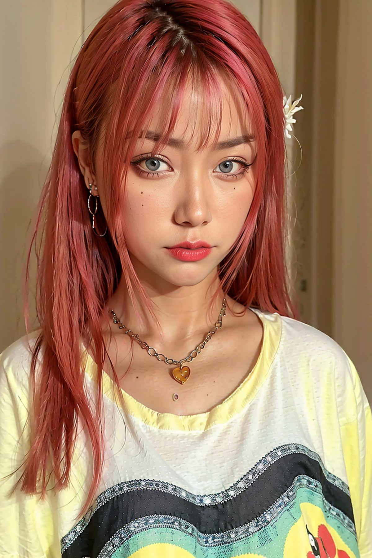 masterpiece, best quality, 1girl, aqua eyes, pink hair, closed mouth, earrings, multicolored background, hoop earrings, je...
