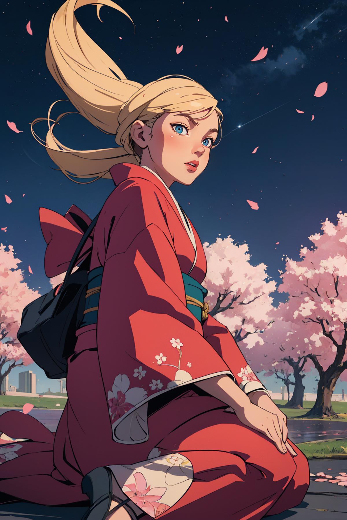 Anime Girl in a Pink Kimono with Pink Hair and Blue Eyes, Standing near Cherry Blossoms.