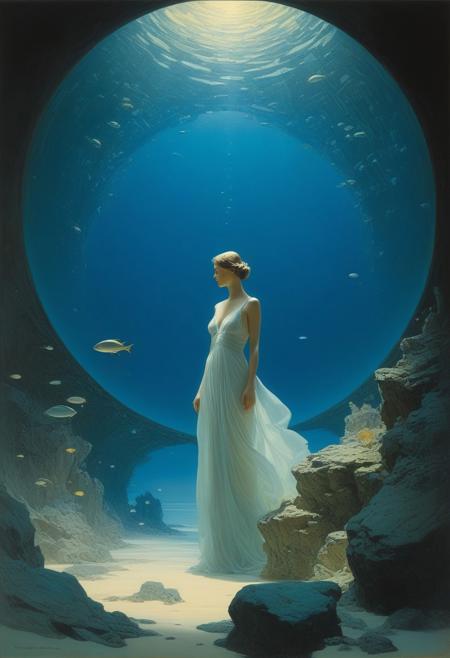 Curiosity, fascination, phosphorescence Artists: Mann, Gammell, Kley, Goldin, Gerome, Quentin Blake, Damien Hirst, Hajime Sorayama, Anne Bachelier, Gibson, Rockwell, Seagrave, Alberto Vargas, N.C. Wyeth, beksinski, Parrish Style: American Realism Color Palette: warm Vibrant, Parrish blue Techniques: impasto Details: idyllic, innocence, fractalize, seductive, voluptuous