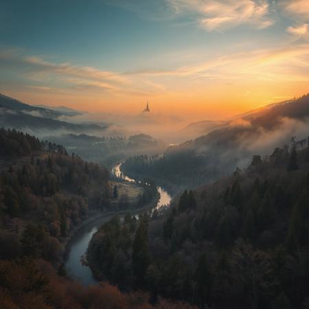 8k, source_photo, source_real, traditional media, amateur, real life photo, wide valley, scattered trees and woodland,  winding river, dungeons and dragons, medieval, mist, sunset