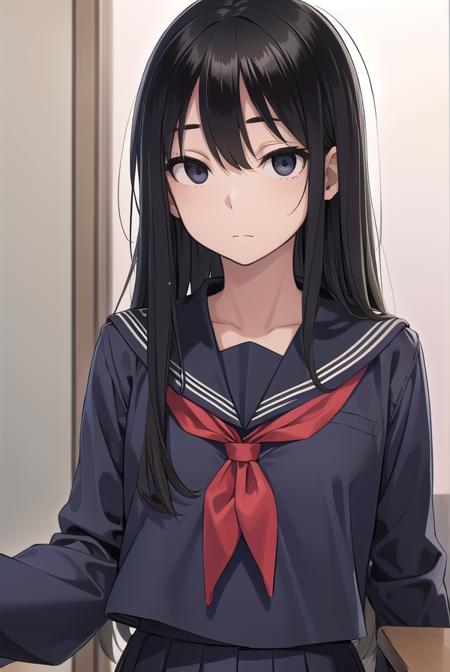 sakiyoshida, <lora:sakiyoshida-lora-nochekaiser:1>,
saki yoshida, long hair, hair between eyes, (black eyes:1.5), black hair,
BREAK skirt, pleated skirt, serafuku, shirt, (blue shirt:1.2), long sleeves, long skirt, blue skirt, blue sailor collar, sailor collar, neckerchief, red neckerchief,
BREAK indoors, classroom,
BREAK looking at viewer,
BREAK <lyco:GoodHands-beta2:1>, (masterpiece:1.2), best quality, high resolution, unity 8k wallpaper, (illustration:0.8), (beautiful detailed eyes:1.6), extremely detailed face, perfect lighting, extremely detailed CG, (perfect hands, perfect anatomy),