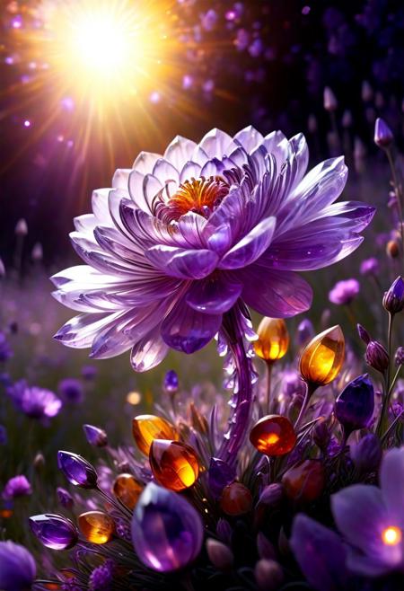 very aesthetic, very absurdres, artisitc, vortex, meadow glittering, intricate , sunrise, elegant, flowers made of hud_per1d0t_wrld, glittering, fantastical, light bloom,  , Amethyst_Fantasy, ral-amber