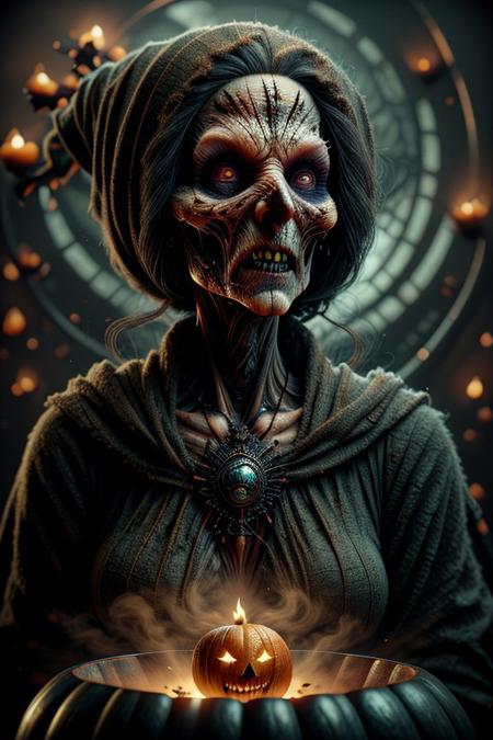 an evil witch carrying a pumpkin around town on Halloween, she has orange glowing eyes, dark night, HalloweenGlowStyle, ral-wtchz, CyberRealistic_Negative, ral-wtchz