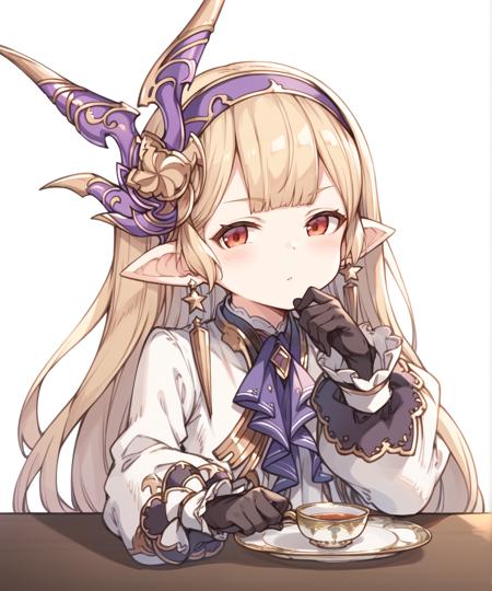 maglielle (granblue fantasy), harvin, shortstack, blonde hair, long hair, bangs, pointy ears, red eyes, hair ornament, hairband, earrings, white dress, puffy long sleeves, sleeves past wrists, jewelry, ascot, black gloves, white pantyhose, striped pantyhose, shoes