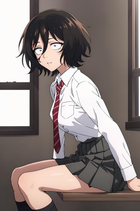 ((best quality)),((highly detailed)),masterpiece,absurdres,detailed face,beautiful face,(detailed eyes, deep eyes),(1girl),((dynamic pose)),  1girl, <lora:AkiraV1:0.7>Akira, black hair, solo, skirt, shirt, necktie, short hair, looking at viewer, sitting, red necktie, grey skirt, white shirt, pleated skirt, school uniform, parted lips, indoors, long sleeves, breasts, collared shirt, from side, bangs, hair between eyes, shirt tucked in, black skirt, messy hair, black eyes, bags under eyes, socks, constricted pupils, miniskirt, medium breasts, striped, striped necktie, sanpaku, looking to the side, dress shirt, feet out of frame, window