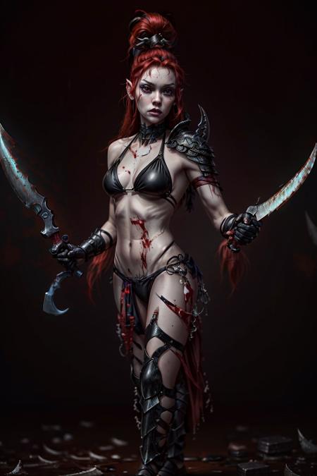 Photo of wych in bikini armor, wearing intricate ornamented black metallic armor, holding knife,  topknot, red hair, pale skin, blood on weapon,
(girl:1.2), bikini armor, epic, reflective black metal, silver trimmings, (knife:1.5) details, shoulder armor detail, outfit, 
acrobatic,  ((blurred background:1.3)), 
<lora:tool - add_detail:1> <lora:Wych MK1.A by CARAXES:0.7>