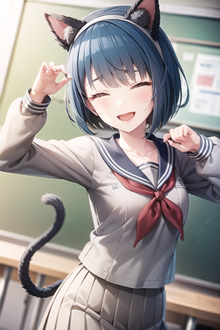 <lora:KiritaniHaruka-05:0.7> , kiriharu, 1girl, solo, blush, smile, short hair, open mouth, skirt, shirt, long sleeves, animal ears, school uniform, blue hair, collarbone, tail, closed eyes, :d, pleated skirt, hairband, serafuku, indoors, cat ears, sailor collar, blurry, cat tail, neckerchief, dutch angle, sparkle, blurry background, fake animal ears, ^_^, black hairband, facing viewer, grey shirt, red neckerchief, grey skirt, white sailor collar, paw pose, fake tail, classroom, chalkboard