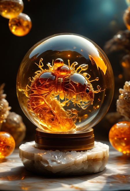 improved cinematic photo, 35mm photograph, film, professional, 4k, highly detailed,
An amber fragment enclosing a snowglobe,
The amber fragment is a smooth, slightly irregular sphere, roughly the size of a marble, with a warm golden-brown hue. Its surface is polished, gleaming softly under light, revealing a mesmerizing play of golden, honey, and orange tones. Tiny air bubbles and organic inclusions are scattered throughout, lending it a sense of antiquity and natural complexity.
Inside, a perfectly preserved Human Heart lies suspended in time, its delicate body encased in the translucent amber.
Around the Human Heart, subtle striations and minute organic fragments, possibly plant material or dust, create a vignette that frames the insect. The amber’s clarity varies in places, with some sections slightly cloudy, further accentuating the Human Heart as the focal point. The fragment feels timeless, a tiny time capsule offering a glimpse into a prehistoric world millions of years ago