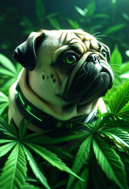 420futurism, closeup shot, from side, pug made of leaves, green leaves, cinematic, cinematic lighting, (masterpiece, best quality:1.4), ultra-high res, 4k, Photorealistic, insanely detailed, sfw,
