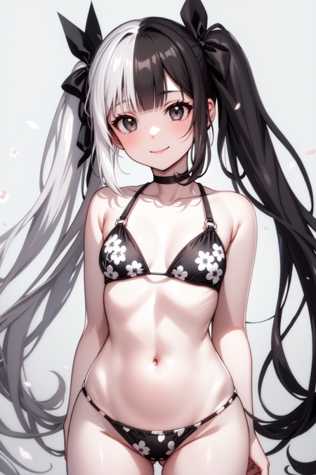 grey eyes, pale skin, very long hair, blunt bangs, black hair, white hair, two-tone hair, twintails, (split-color hair:1.3), hair bow, black bow