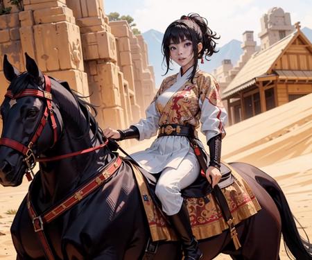 1girl, black hair,  masterpiece, best quality, light white feiyufu, desert,  horseback_riding, riding, horse,  <lora:feiyufu_v1:0.48>