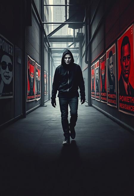 A masked figure walking alone in an industrial alleyway, with street posters around them forming a visual commentary on power and resistance
bold graphic propaganda portrait, moody cinematic urban photography, high-contrast noir lighting, isolated figure in vast cityscape, muted desaturated tones with striking red accents, stencil-inspired shading, dramatic geometric composition, textured street art aesthetic, political and introspective storytelling