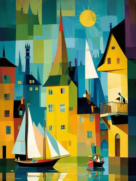 (Painting by Lyonel Feininger:1.8) Very worn page torn from old childrens book, faded print.  A family of mother father and child alone, a giraffe trotting through the streets, a boat sinking in the canal, a boat sinking  in the harbor, mysterious people peeking out through windows. Eastern European city, 1930s.  The scene is set in a dimly lit, surreal urban landscape, an Eastern European city in the early 20th century. The atmosphere is dense with a dream-like quality, filled with elongated shadows and surreal/ethereal atmosphere - with strange people hiding in the shadows, narrow winding streets, a dreamlike, surreal feeling,