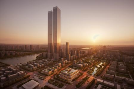 Best quality,((masterpiece)),((realistic)),aerial view of the super high-rise skyscraper,dusk,red sky,architectural glass reflection,halo,