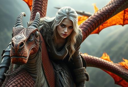 portrait of a stunning barbarian platinum blonde female dragonrider wearing leather armor, fur and lace clothing, riding on the back of a majestic fire dragon flying over a steep valley, leaning forward over its neck. High Detail, detailed face, face on sharp focus, Perfect Composition, realistic photographic image, sharp focus, complex lighting