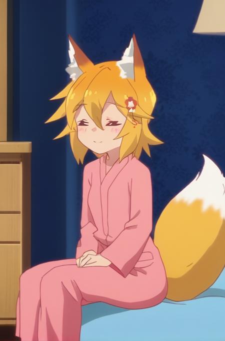 senko-san sleepwear, day, inside, stretching, (sitting on a bed:1.3), (wide shot:1.3), pink pajamas, bright, orange fox tail
<lora:MultiSenko v1.0b:1.0>