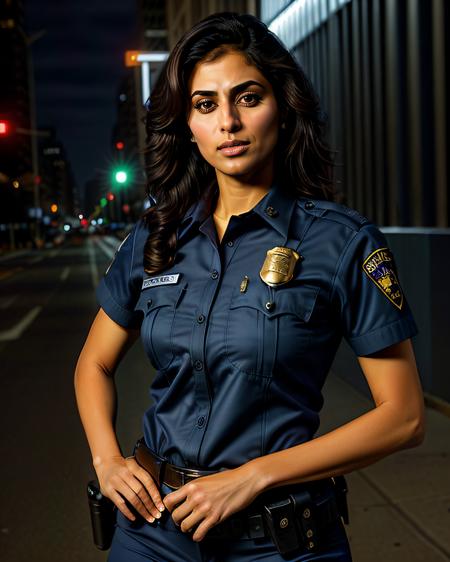 professional portrait photo of a 30-year-old woman, desimocha, conservatively dressed in NYPD Police uniform, stern expression, solo, anatomically accurate, night time, city bokeh lights   <lora:Desi_Coffee_V3_SD15_LoRA_prodigy_local_regs:0.8>