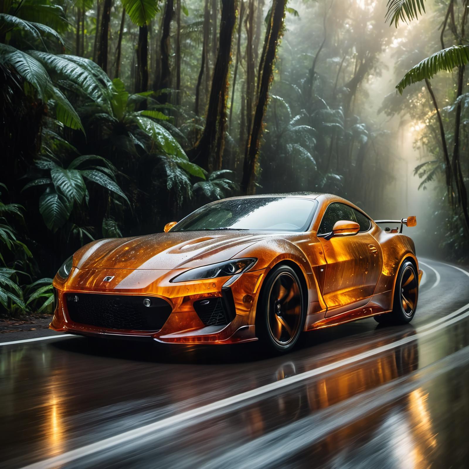 A Sleek Orange Sports Car Driving Through a Rainy Forest
