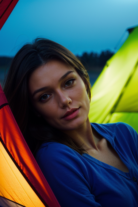 HaileyOutland, portrait, photography by (Jeanloup Sieff:1.3), ((sitting outside camping tent, campfire, flashlight glow, fleece top)), blue light, modelshoot, pose, (closeup on upper body:1.3), (night, dark, dark photo, grainy, dimly lit), editorial photograph, film grain, depth of field, analog film style, vivid color, looking at viewer, ((chiaroscuro, emotional impact, vivid, strong contrasts, stylized lighting, movie screenshot, colored gels, gritty, movie still, fog, cold)), ultrarealistic, noise