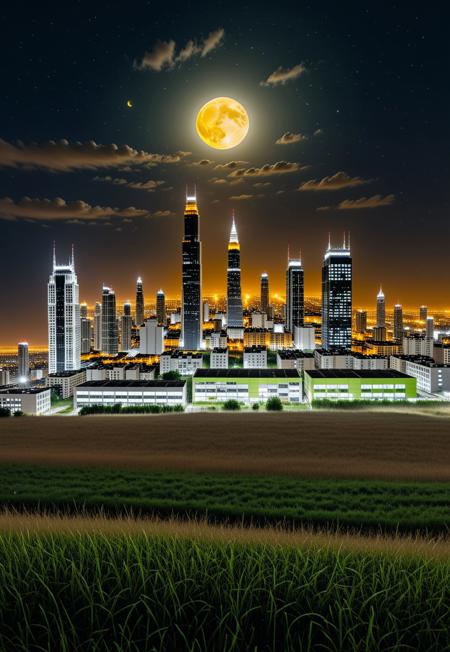 a huge hilly field covered with grass with partially clayey inclusions, green and brown boxes are visible very far away, also behind the hills narrow black skyscrapers with white windows with a yellowish tint are visible, green and brown boxes are visible far away, a dimly lit and dull black building with an orangish glow from sunset, you can see a small white bright advertisement with incomprehensible outlines, black skyscrapers with light yellow windows topped with metal structures standing right in the middle of the field reflect the light of the moon, in the distance you can see small two-story buildings with very small windows and a chimney, a little closer near the skyscrapers you can also see small two-story buildings buildings with very small windows and a chimney, not all skyscrapers are topped with metal structures, the sky on the horizon is from dark red to yellowish which sees off the departing sun, the moon is on the opposite side, the sky is soft blue topped by the moon on the opposite side of the sun, and a few stars, clouds light white very transparent barely visible,