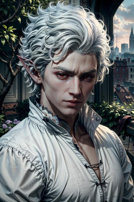 (masterpiece, best quality:1.3) 
<lora:epi_noiseoffset2:1> <lora:add_detail:0.7>  <lora:BGAstarion:0.7>
BGAstarion, 1boy, solo, white hair, red eyes, pointy ears, medium close-up , rooftop garden, twilight, ambient and tranquil with a mix of artificial and natural light