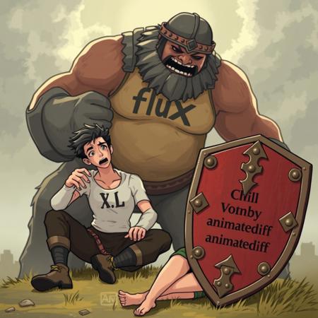 in the background a giant with "flux" written on its chest grabs a scared person with "XL" written on his chest, in the foreground a chill woman with "1.5" written on her chest sits undisturbed with a medieval shield next to her  that has text reading "animatediff"
