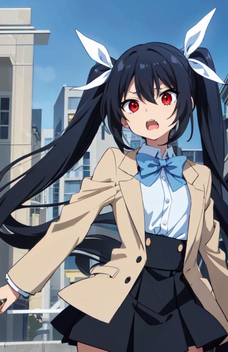 tsube_aika, long hair, black  hair, red eyes, flat chest, twintails, school uniform, white shirt, miniskirt, black skirt, short sleeves, high waist skirt, light blue bow tsube_aika, long hair, black  hair, red eyes, flat chest, twintails, school uniform, beige blazer, miniskirt, black skirt, high waist skirt, light blue bow