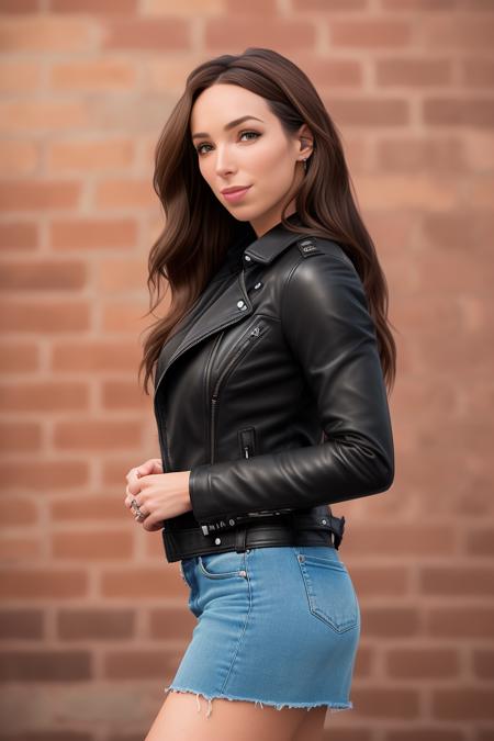 A professional photo of  CIARA_OD:1 wearing a black leather jacket in front of a brick wall. eye contact. (8k, RAW photo, best quality, masterpiece:1.2), (realistic, photorealistic:1.37), best quality, hyper detailed, highres, 1girl. ((depth of field)). bokeh:1.3. ((Female focus)). warm lighting, RAW format. Canon. Nikon.