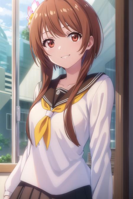 marikatachibana, <lora:marika tachibana s2-lora-nochekaiser:1>,
marika tachibana, long hair, brown hair, hair ornament, (brown eyes:1.5), flower, sidelocks, hair flower, short hair with long locks, smile, grin,
BREAK skirt, long sleeves, school uniform, serafuku, black skirt,
BREAK indoors, classroom,
BREAK looking at viewer, (cowboy shot:1.5),
BREAK <lyco:GoodHands-beta2:1>, (masterpiece:1.2), best quality, high resolution, unity 8k wallpaper, (illustration:0.8), (beautiful detailed eyes:1.6), extremely detailed face, perfect lighting, extremely detailed CG, (perfect hands, perfect anatomy),