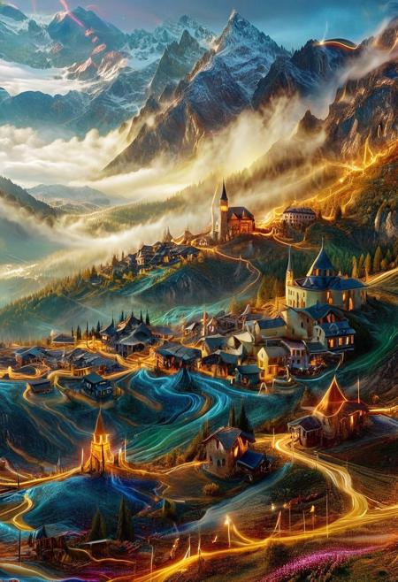 their peaks veiled in mist. mixed media, surrealism, great lighting, A surreal landscape highly detailed . extremely high-resolution details,  appears trapped in an optical illusion of reflections and refractions colorful , , lthndrtrl, mountains and village in Turkey, professional photography, natural lighting, volumetric lighting maximalist. intricately detailed, complex, elegant, expansive, fantastical, film photography style,  medium grain