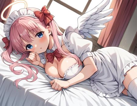 nodoka haramura, blue eyes, hair bow, long hair, pink hair, bow, large breasts, blue skirt, kiyosumi school uniform, pleated skirt, school uniform, serafuku, skirt, angel, white dress, cleavage, dress, halo, thighhighs, white thighhighs, wings, maid headress, ribbon, bow tie, white bow tie, red maid headress, red ribbon,