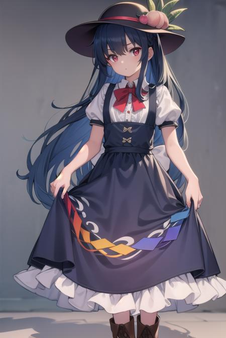 tenshi hinanawi, long hair, bangs, (red eyes:1.5), blue hair, skirt, shirt, hat, bow, white shirt, short sleeves, boots, frills, food, puffy sleeves, bowtie, apron, puffy short sleeves, blue skirt, black headwear, fruit, leaf, brown footwear, frilled skirt, cross-laced footwear, peach, (rainbow order:1.5),