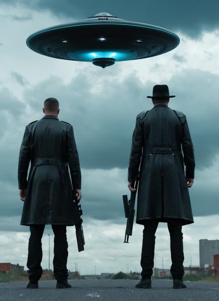 Medium range hyperrealist 8k raw photography, (Two armed men in black attire:1.2), Shotgun poised, Urban setting, (Cloudy skies:1.2), (Aiming a flying saucer hovering:1.3), Cool color palette, Exquisite details, Tense ambiance, Detailed textures