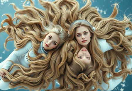 Two women with long blonde hair floating in the air, wearing white and blue space suits, entwined together by their voluminous golden wavy hair that intertwines between them. High angle shot from above. Photorealistic, high detail, sharp focus, depth of field. Cinematic lighting.