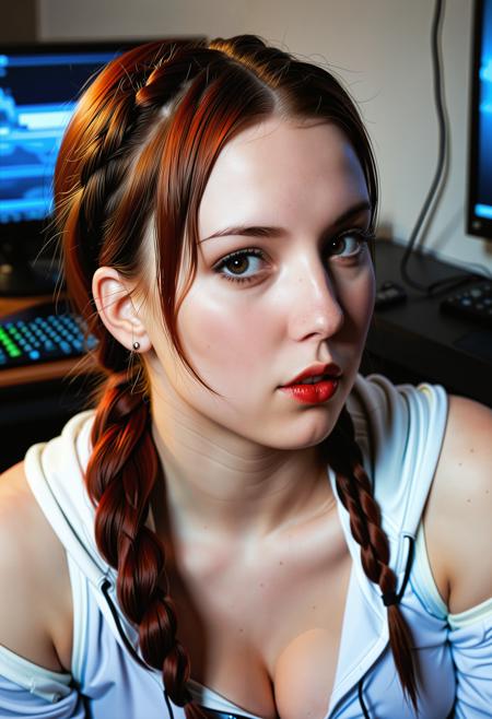 (Close up analogue photo) of a beautiful 25 years ((pale skin)), oval face, auburn haired woman, <lora:Jacinta_SDXL:0.8>,A cute streamer girl, lazy ponytail, sitting in her gaming chair, ((streamer)), long eyelashes, wearing a cozy oversized hoodie, her face lit by computer screen, dim lighting, ((gaming setup, gaming chair, gaming monitor)), streaming setup,curvy, focus on face, face near viewer, loose shirt, ((headphones)), (off shoulder shirt, shirt falling down, breast exposed, nip slip, downblouse, cleavage), (from above). Highly detailed beautiful expressive eyes., (pigtail-plait-hair:1.6),,high quality, film grain, Fujifilm XT3, 8k uhd, dslr, film grain, kodak tri-x 400 film, grain photo DOF, faint lighting, dynamic angle, cinematic, Depth of field, bokeh, best quality, cinematic, light particles, highly_detailed, very_aesthetic, golden hour, beautiful_and_aesthetic ,Sexy pose, erotic pose, exhibitionism ,A historic town square with cobblestones and a clock tower