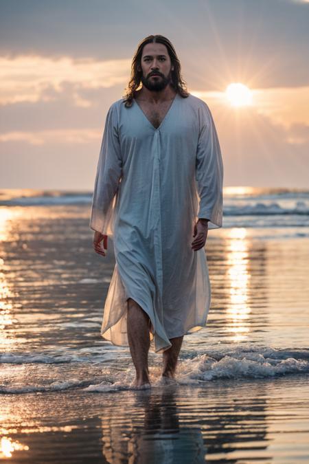 Raw hdr photo of jesus christ, front view full body, ((walking above water)) at sunrise, beach, majestic, inspiring, disquieting, intricate high details, (water reflections), focus, togue, mantle, beard, (hair blowing in the wind), dramatic light, ((sun rays in a blue sky)), clear sky,  (hyper realistic:1.2), (high detailed skin:1.2), 8k uhd, dslr, high quality, film grain, Fujifilm XT3,  epiCRealism