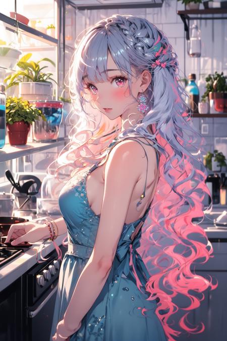 (masterpiece:1.2), best quality,PIXIV,Colorful portraits, 
1girl, solo, long hair, looking at viewer, jewelry, earrings, indoors, bangs, dress, blush, plant, multicolored hair, upper body, shelf, pink eyes, window, potted plant, flower, closed mouth, from side, wavy hair, bare shoulders, sleeveless, pink hair, kitchen, breasts, blue dress,white hair,
<lora:Colorful portraits_20230715165729-000018:1>