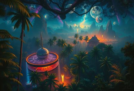 A nightclub in the middle of the jungle, view from above, in the style of an oil painting, scifi, cosmic, astral