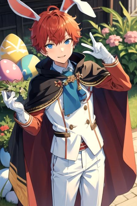 <lora:HiiroAmagi-01:0.7>,hiiro, solo, looking at viewer, smile, short hair, blue eyes, gloves, 1boy, animal ears, flower, male focus, red hair, white gloves, cape, rabbit ears, white pants, egg, easter egg, easter