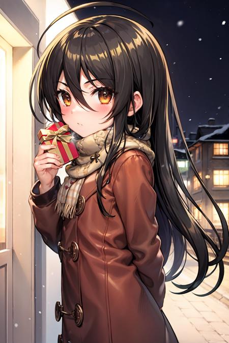 masterpiece, best quality,  <lora:shana:1>,outdoors,snow,night,1girl, solo, long hair, shana, blush, scarf, looking at viewer,brown eyes, plaid, black hair, plaid scarf, hair between eyes, sweater,  very long hair, holding, ahoge, long sleeves, bangs, closed mouth, red scarf, pink sweater, upper body, cable knit, shiny, shiny hair, gift, aran sweater, box, arms behind back, floating hair, holding gift, standing, gift box, valentine, brown hair, from side, coat