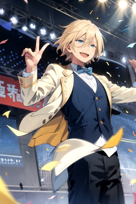 <lora:Eichi-08:0.7> ,eichi, smile, open mouth, blue eyes, blonde hair, 1boy, bow, jacket, male focus, bowtie, vest, confetti, spotlight