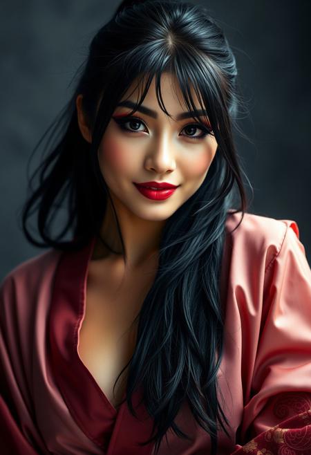 A captivating Asian woman, exuding raw passion and dominance. Her long, dark hair, styled in a sleek ponytail, is slightly tousled, adding a touch of wildness. A seductive smirk plays on her lips as she gazes directly at the camera, her eyes filled with a knowing glint of passion. Her makeup, expertly applied, enhances her natural beauty, with dramatic, smoky eyeshadow in deep, sultry tones of black and burgundy, accentuated by a winged eyeliner that elongates her eyes. A touch of gold glitter adds a touch of glamour and mystery. Her full lips, painted a luscious shade of deep red, are slightly parted, inviting and seductive. A hint of gloss adds a wet, kissable look. Her skin is flawless, with a subtle contouring and highlighting that accentuates her bone structure. She wears a flowing, ethereal kimono, partially undone, revealing glimpses of her curves. The kimono, crafted from the finest silk, is draped effortlessly over her body, hinting at the secrets beneath. The intricate embroidery and delicate beadwork add a touch of luxury and mystery. The photo should be taken in a dimly lit, intimate setting, with soft, diffused lighting. The focus should be on the model’s passionate expression, the intricate details of her makeup, and the sensual interplay of light and shadow. High-resolution, professional photography with cinematic lighting, shallow depth of field, and art direction should be employed to create a captivating, alluring image.